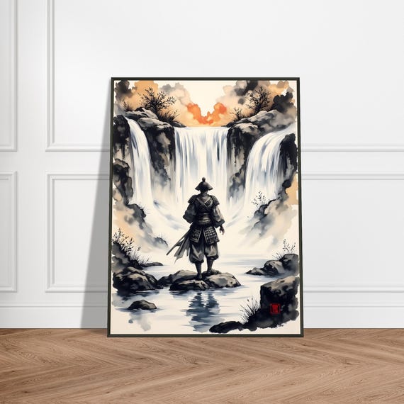 Samurai Waterfall Wall Art Japanese Ink Painting With Warrior And Dual Falls Tranquil Nature Scene In Metal Frame For Zen Home Decor