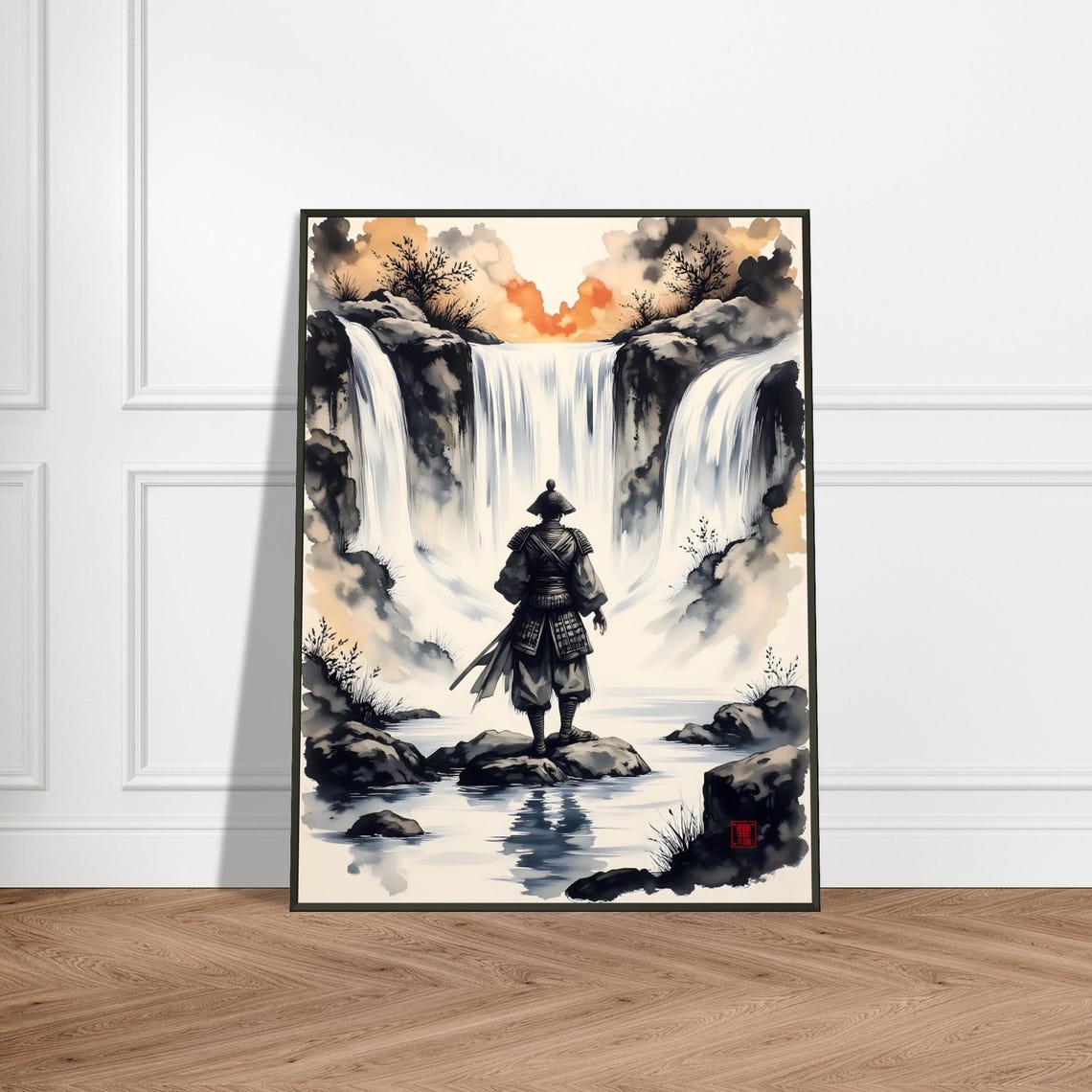 Samurai Warrior Before Misty Waterfalls Japanese Ink Art Poster