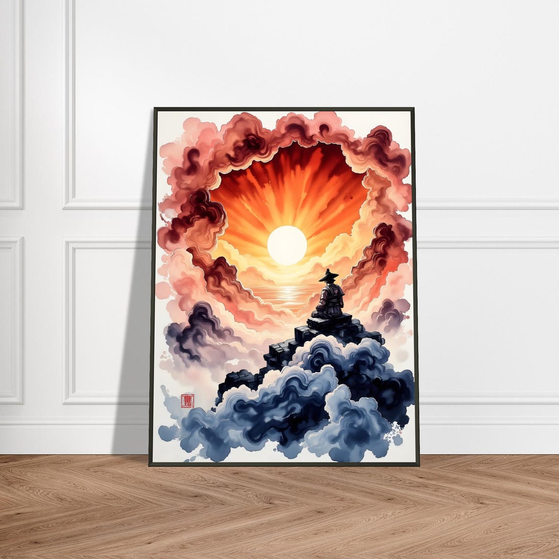 Samurai At Sunrise Art Print Japanese Watercolor Zen Warrior Illustration Mystical Cloudscape Wall Decor