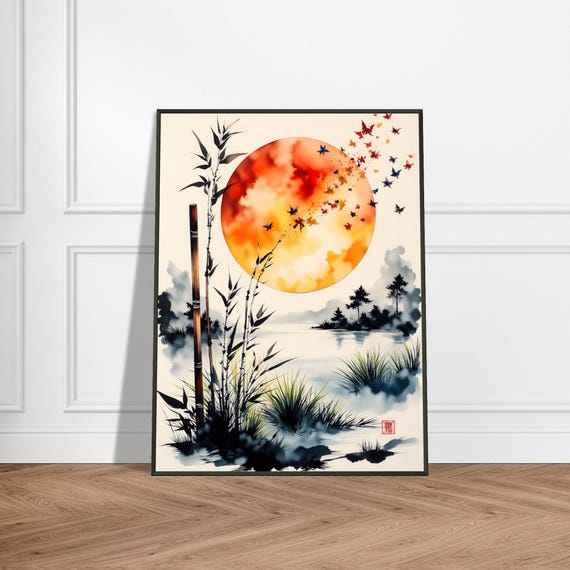 Butterflies At Sunset Wall Art Japanese Ink Landscape With Bamboo And Fiery Sun Metal Framed Watercolor Nature Decor