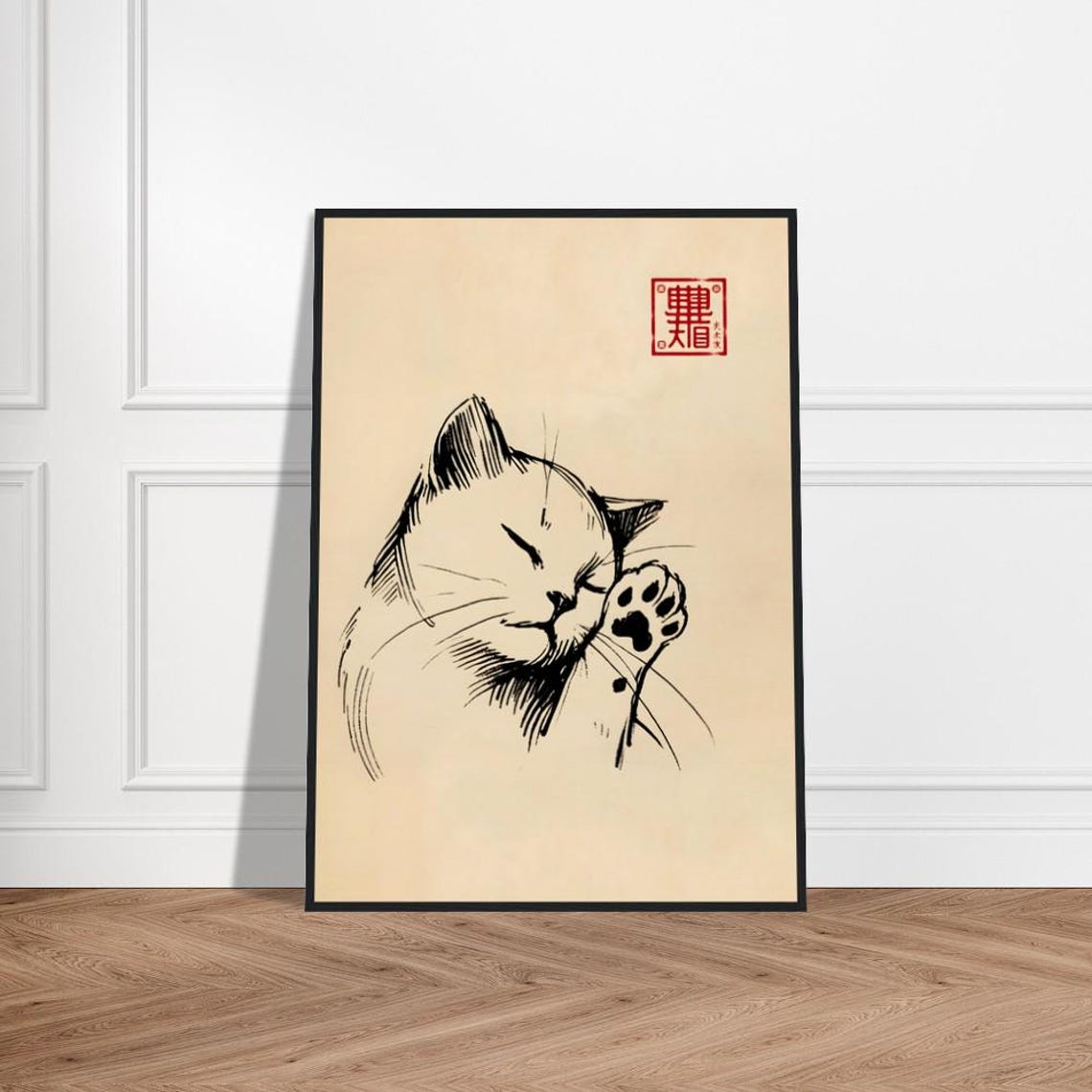 Japanese Cat Resting Head on Paw Minimal Ink Sketch Art Poster