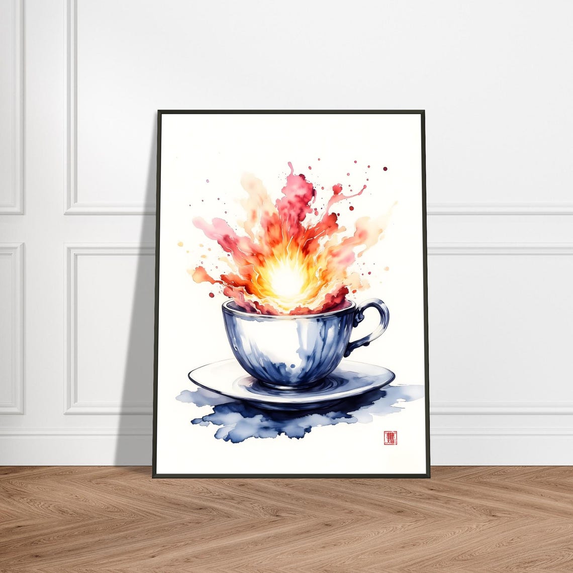 Coffee Explosion Wall Art Japanese Watercolor Ink Style Teacup Blast Illustration Metal Framed Kitchen Or Caf Decor
