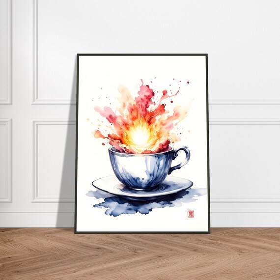 Blue Porcelain Teacup With Fiery Tea Splash Watercolor Art Poster