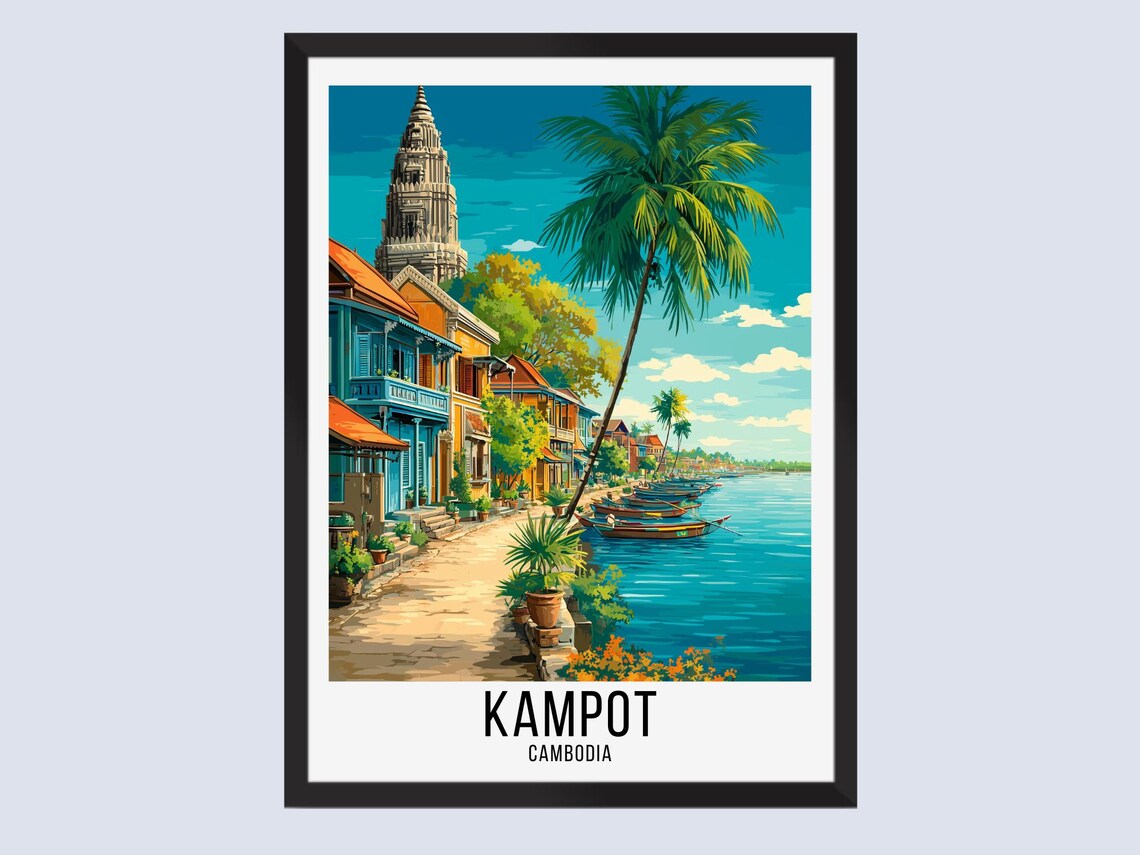Kampot Cambodia Riverside Vintage Style Illustrated Travel Poster