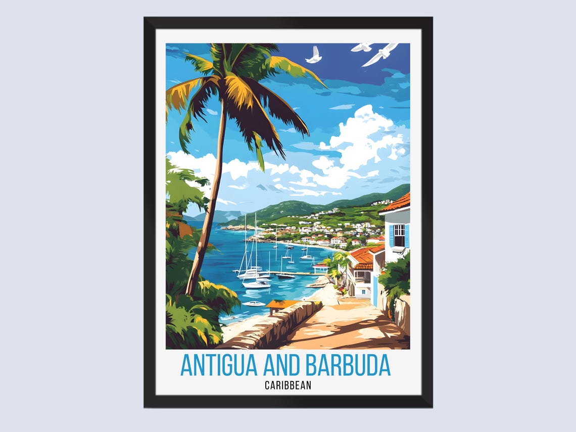 Antigua and Barbuda Sailboat Harbor Palm Tree Tropical Travel Poster