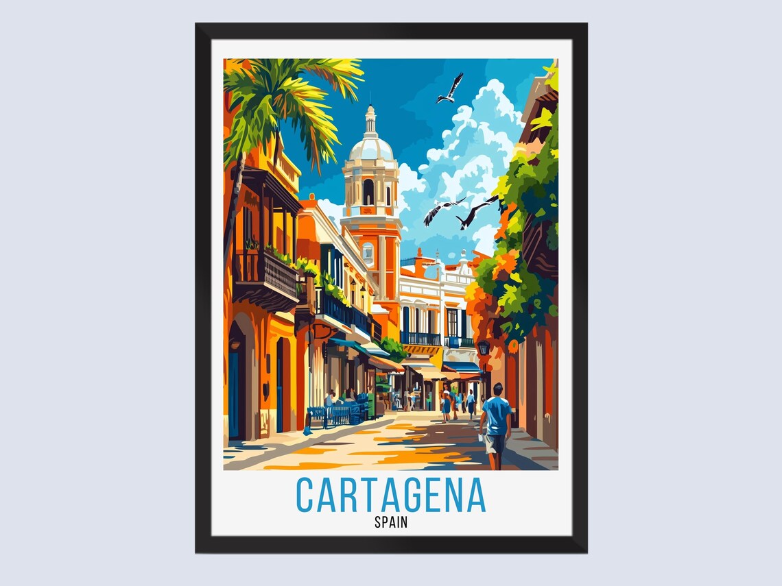 Cartagena Spain Cathedral Tower Street Retro Travel Poster Art