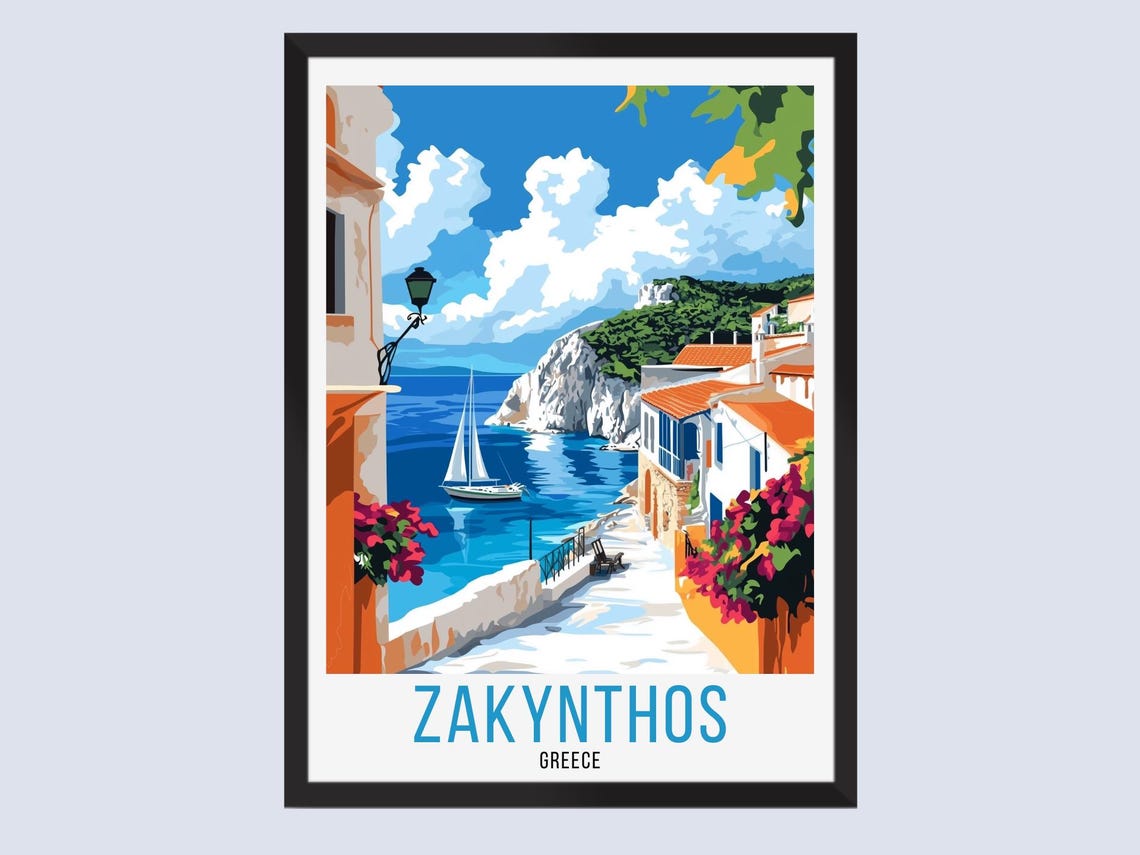 Zakynthos Greece Sunny Harbor Town Sailboat Vintage Travel Poster