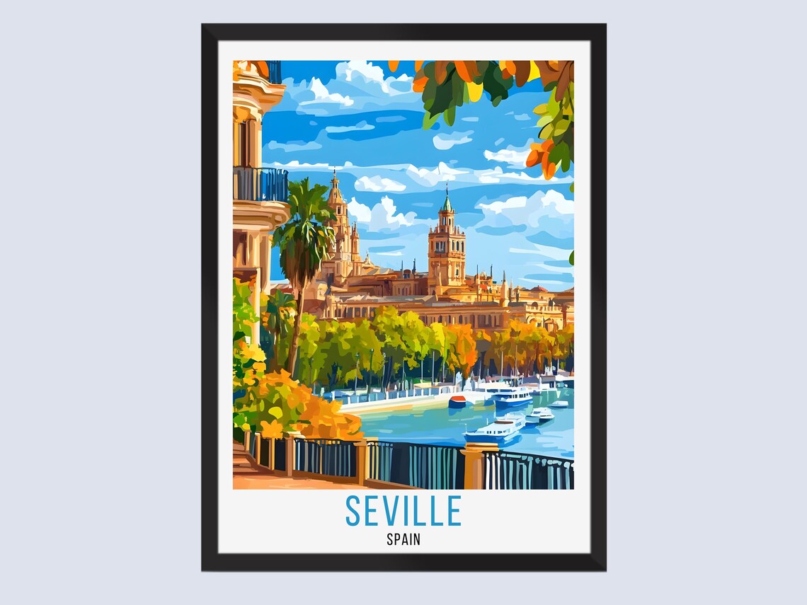 Seville Spain Cathedral Riverside Promenade Boats Travel Poster