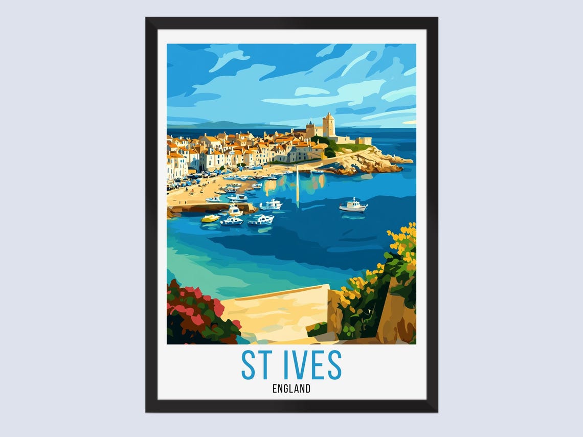St Ives England Retro Travel Poster Coastal Harbor Boats Cornwall