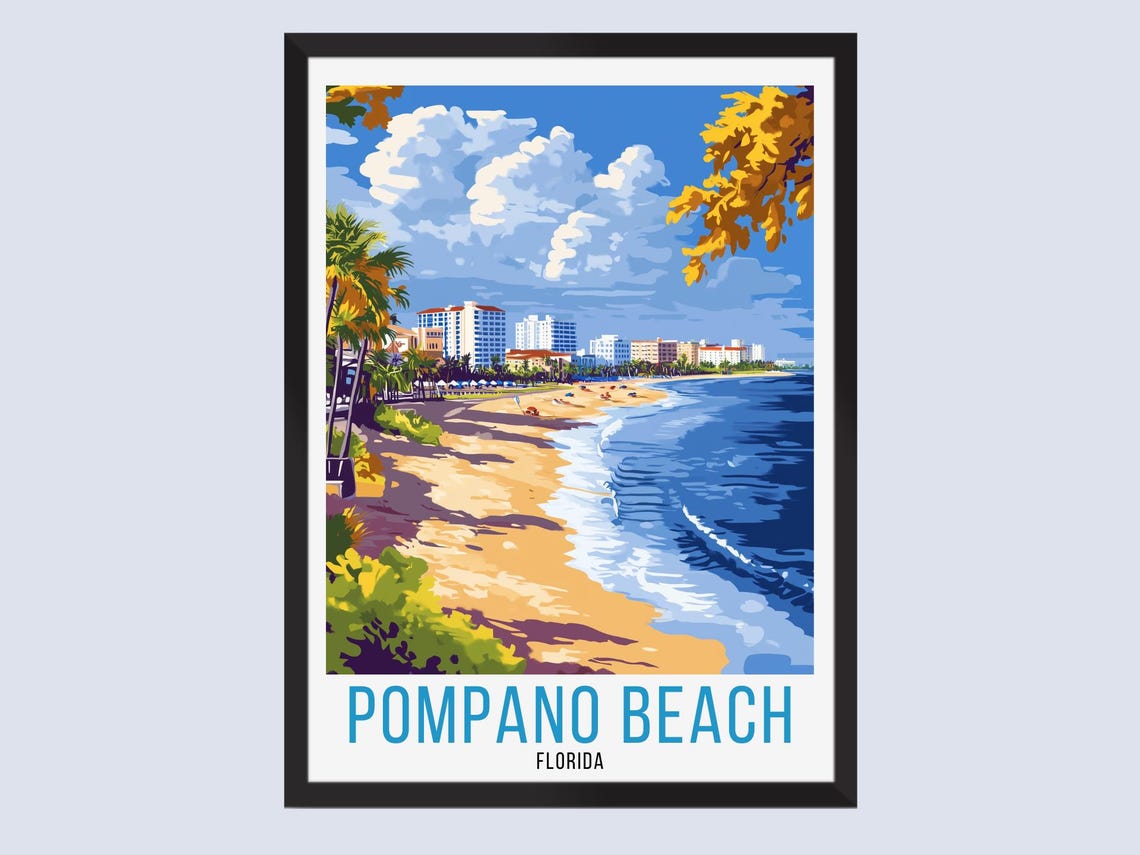Pompano Beach Florida Retro Travel Poster Ocean Shoreline Palms