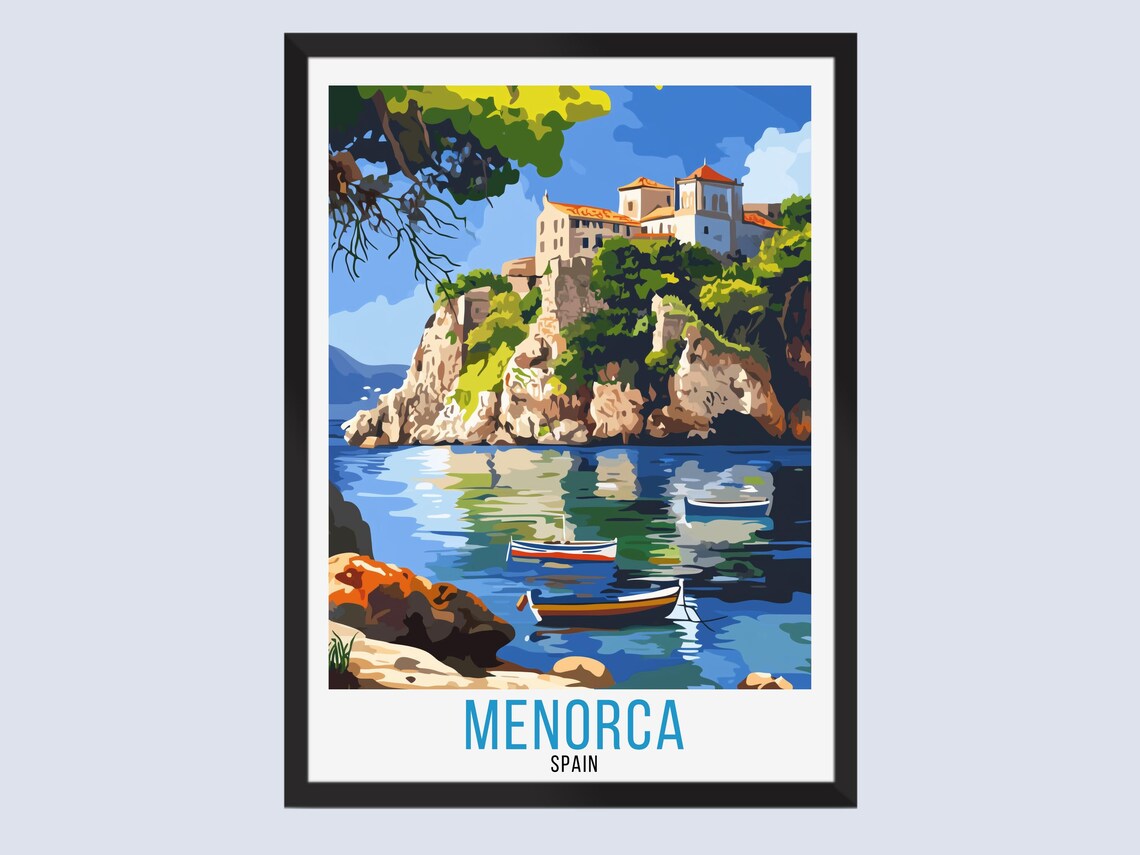 Menorca Spain Vintage Travel Poster With Cliffside Village And Boats