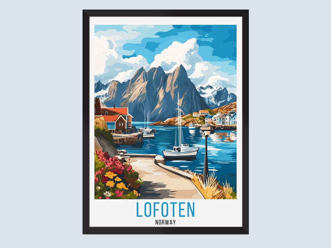 Lofoten Norway Fishing Village Harbor Mountains Retro Travel Poster