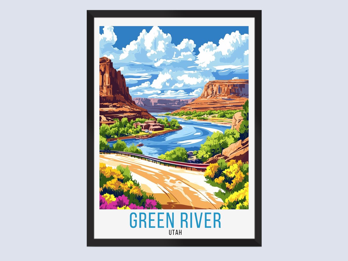 Green River Utah Red Canyon Blue River Road Wildflowers Vintage Travel Poster