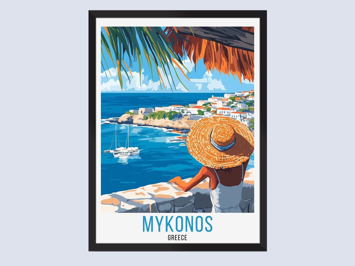 Mykonos Greece Island View Traveler Straw Hat Vintage Poster