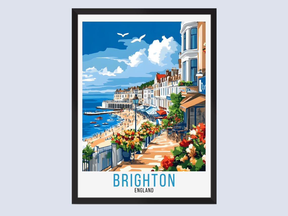 Brighton England Seafront Promenade Beach Flowers Summer Travel Poster