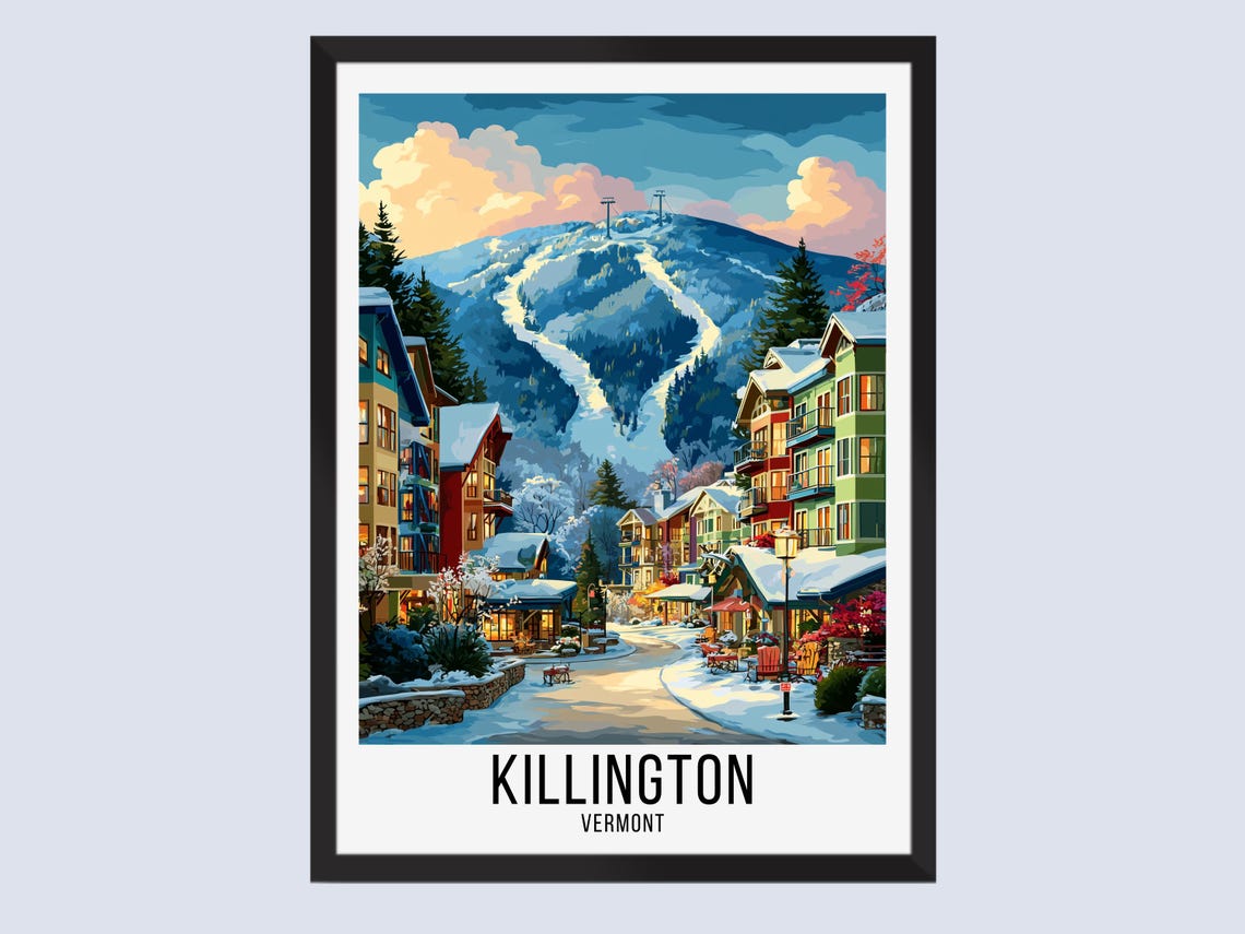 Killington Vermont Snowy Ski Slopes Village Lights Travel Poster