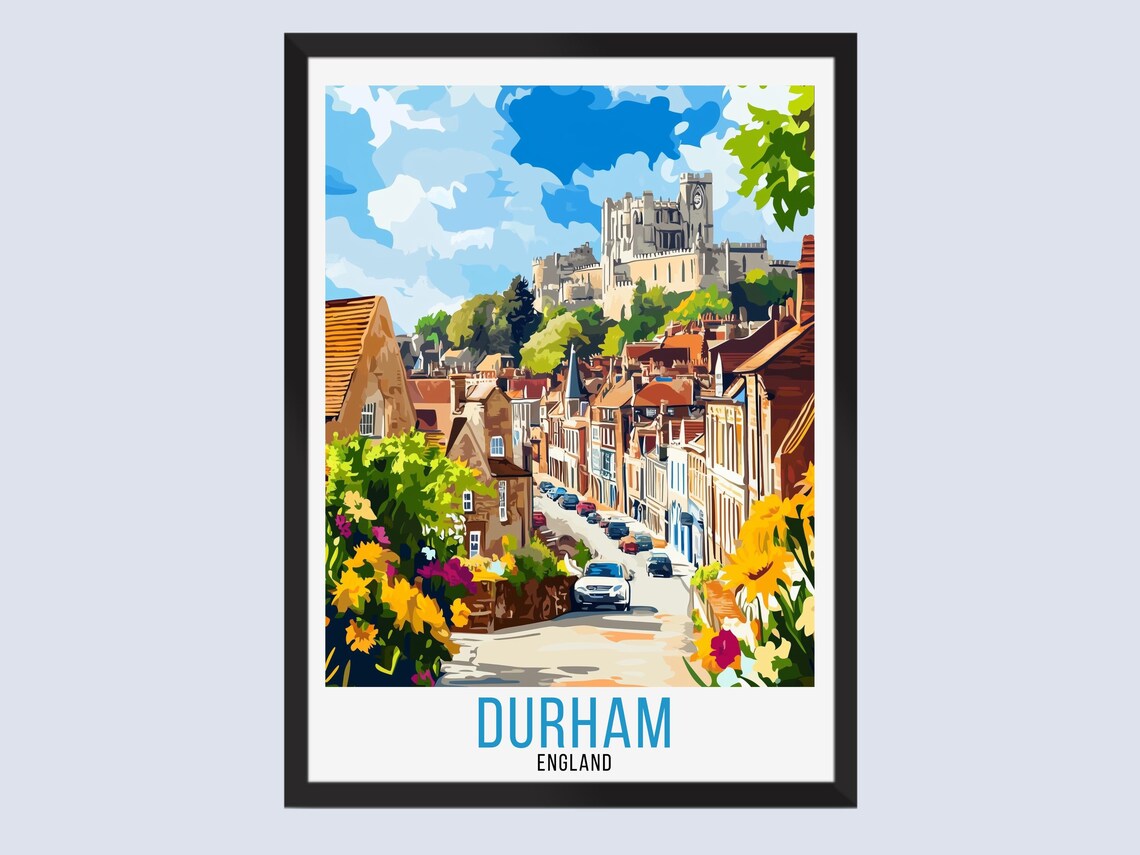 Durham England Vintage Travel Poster With Flower Street And Cathedral
