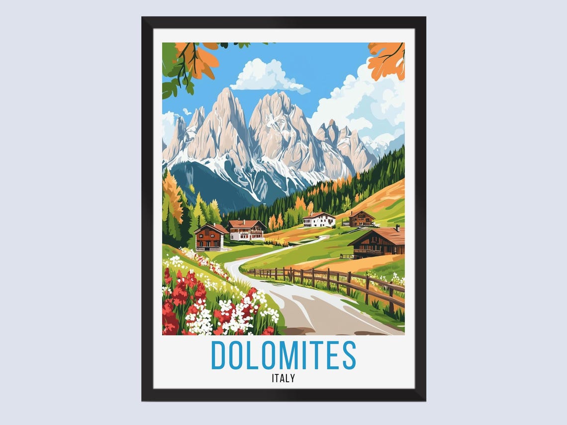 Dolomites Italy Alpine Valley Wildflower Vintage Travel Poster