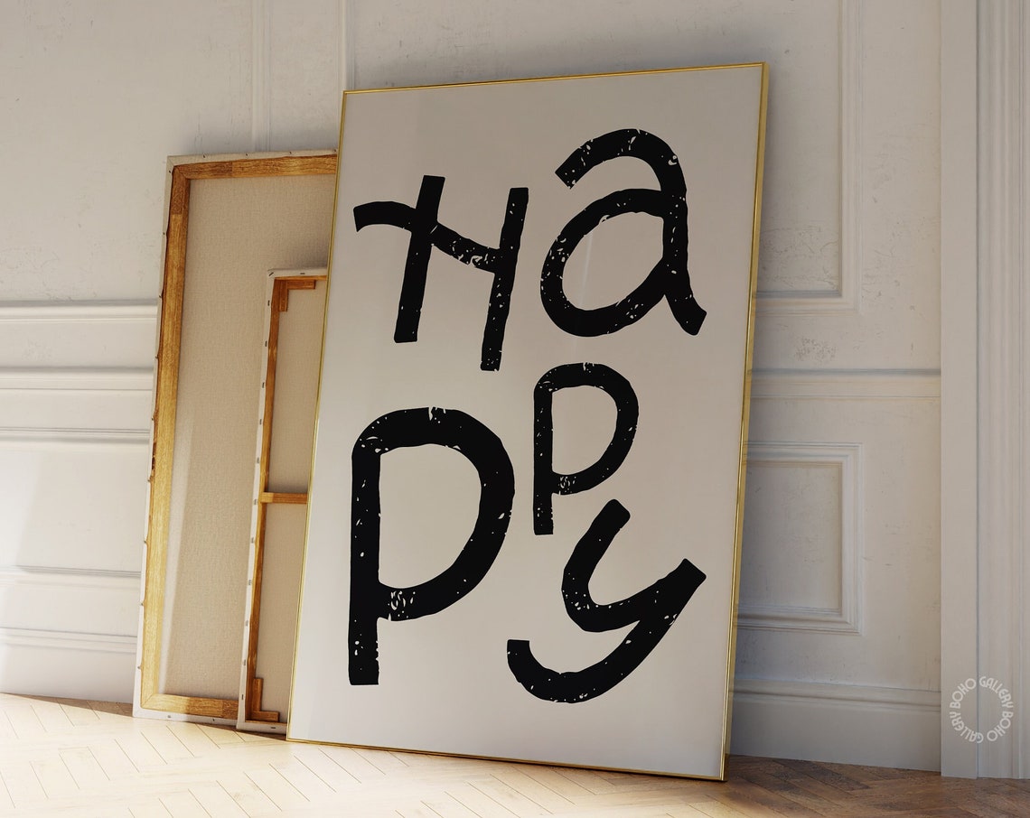 HAPPY Black Hand Lettered Typography Positive Quote Art Poster - Image 3