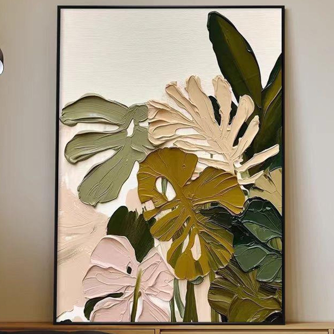 Tropical Monstera Leaves Green Botanical Impasto Vertical Poster