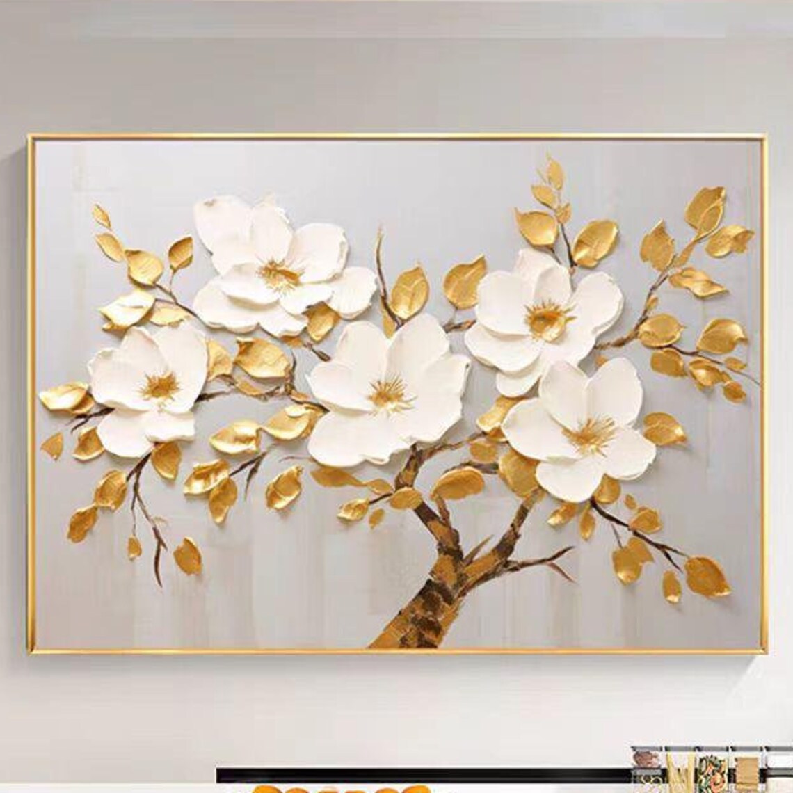 White Blossoms Gold Leaves Branch Textured Horizontal Floral Poster