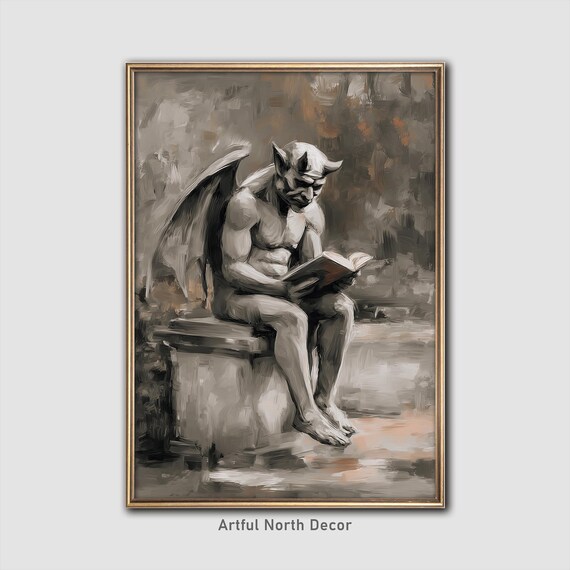 Bookish Gargoyle Gothic Art Print Dark Academia Halloween Decor