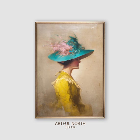 Colorful Lady Teal Hat Yellow Dress Art