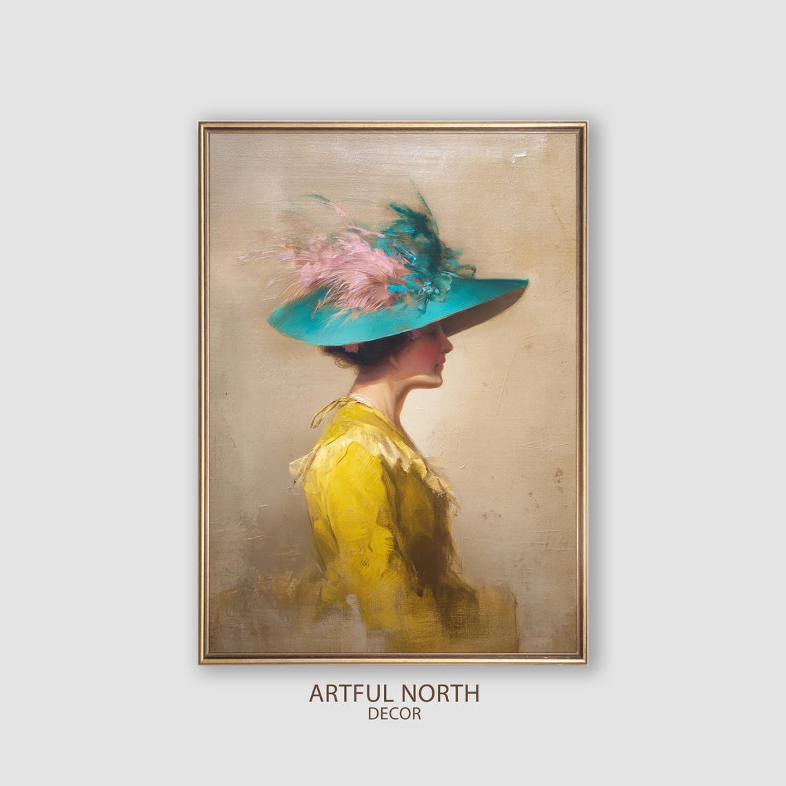 Lady In Feathered Turquoise Hat Elegant Profile Portrait Poster