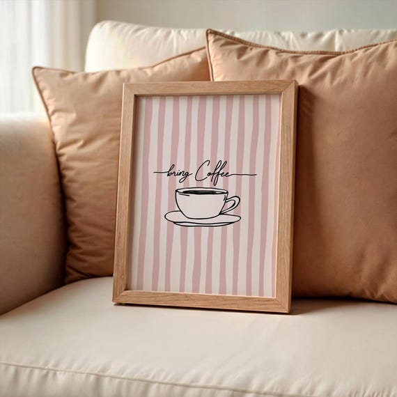 Bring Coffee Print Pink Stripes Wall Art Cozy Retro Kitchen Decor