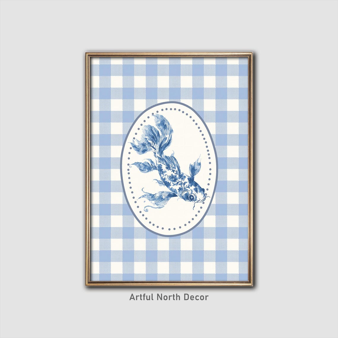 Blue Chinoiserie Fish On Gingham Check Grandmillennial Poster