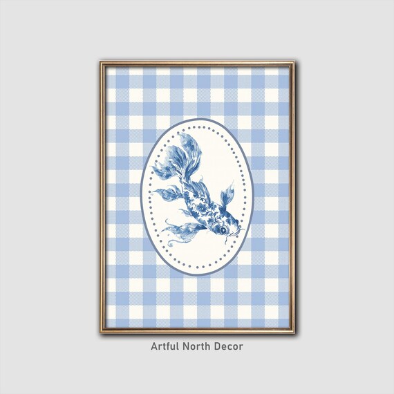 Blue Chinoiserie Fish On Gingham Check Grandmillennial Poster