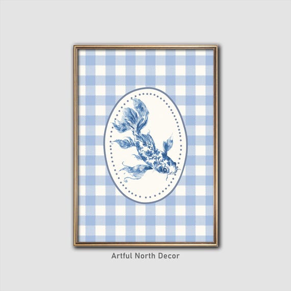Blue Chinoiserie Fish Print Grandmillennial Gingham Wall Art