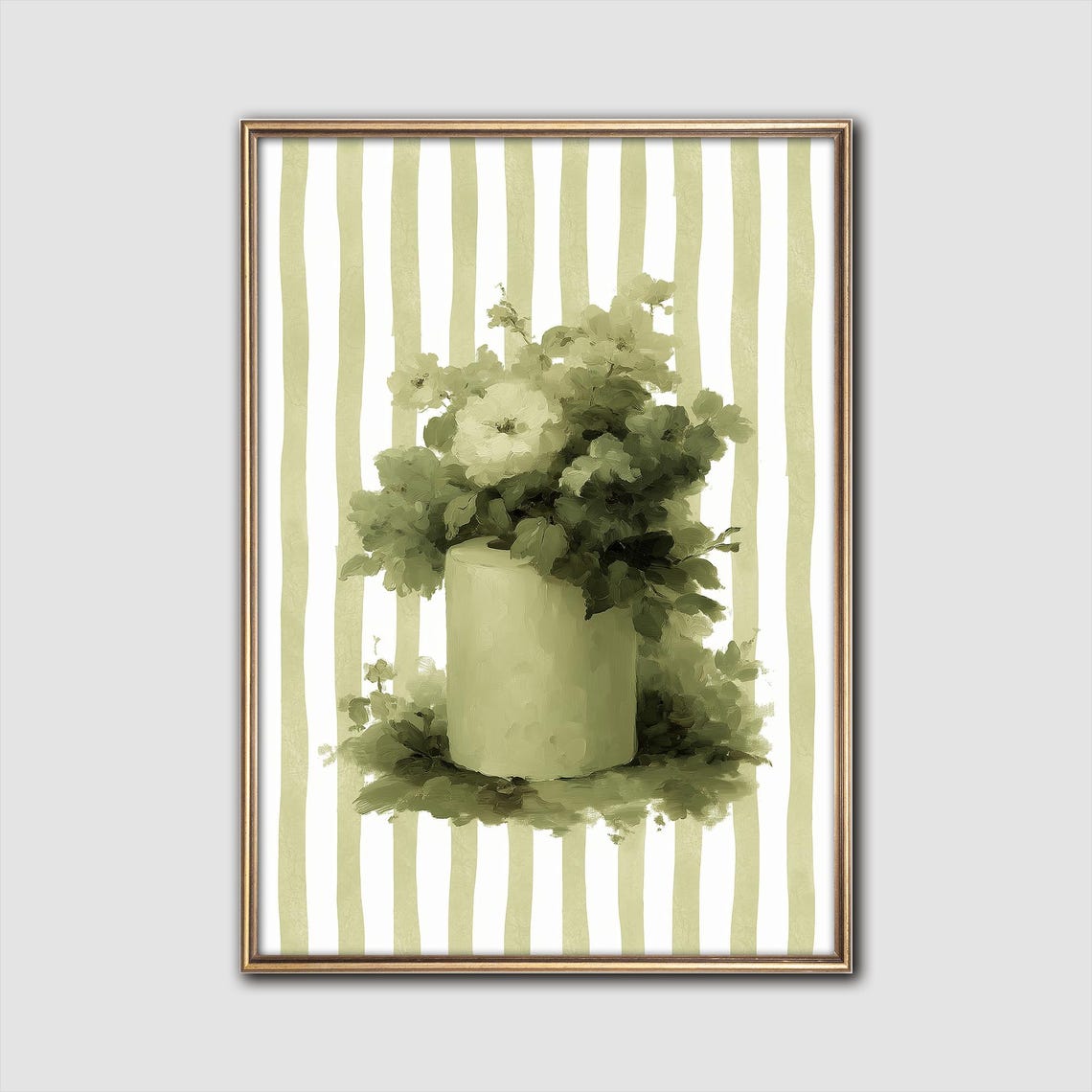 Sage Green Striped Botanical Vase Floral Modern Wall Art Decor
