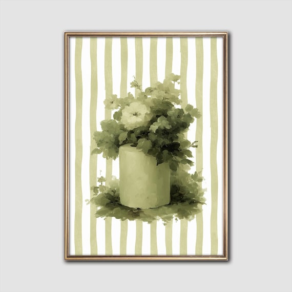 Sage Green Striped Botanical Vase Floral Modern Wall Art Decor