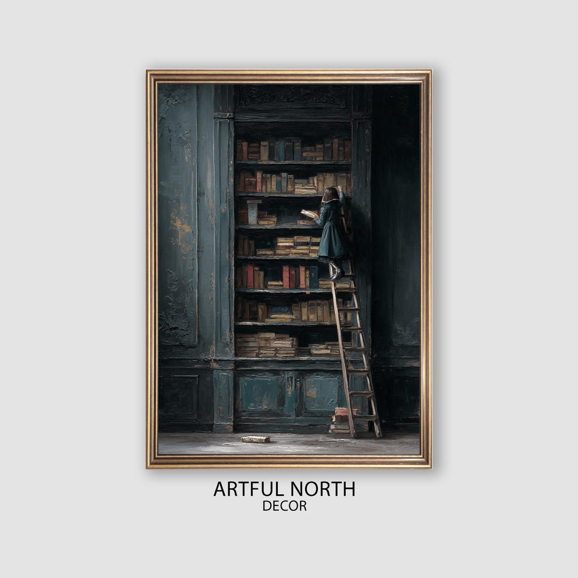 Dark Academia Art Print Girl On Library Ladder