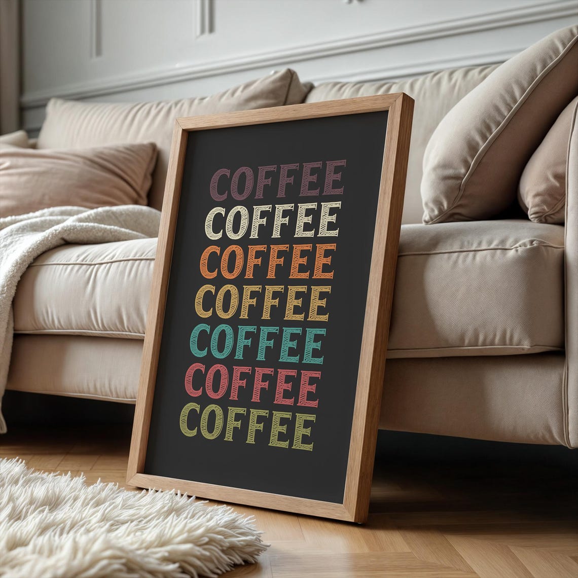 Coffee Retro Rainbow Letters Black Background Kitchen Cafe Wall Art