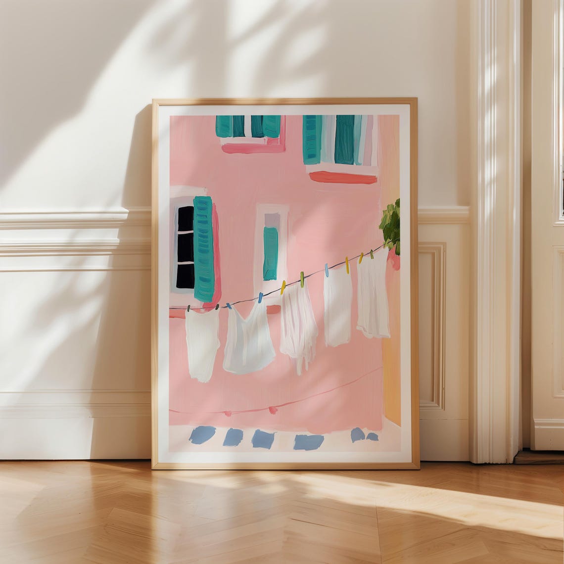 Pink Mediterranean House Art Print with Laundry Line and Teal Shutters
