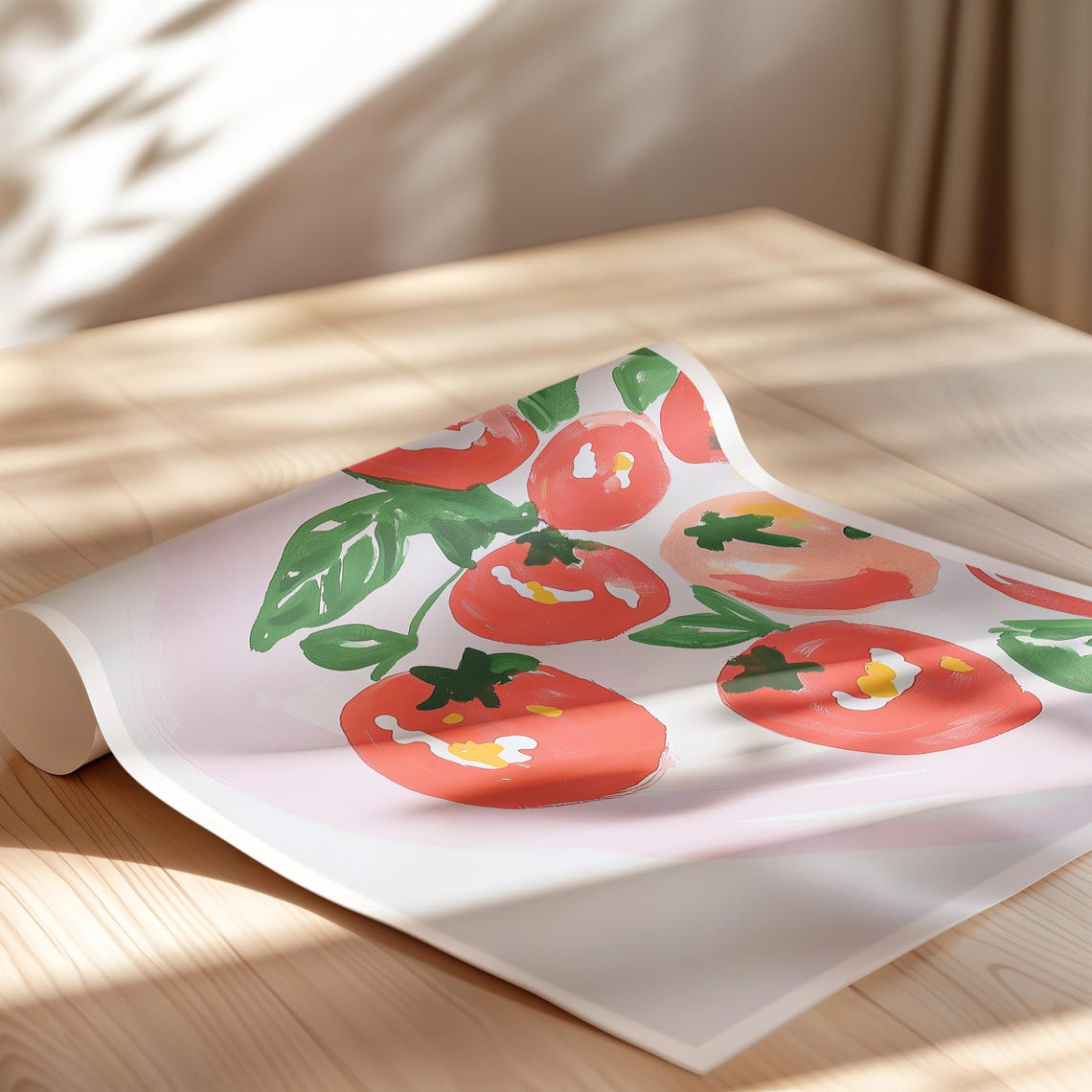 Juicy Painterly Tomato and Basil Still Life on Blush Pink Poster - Image 4