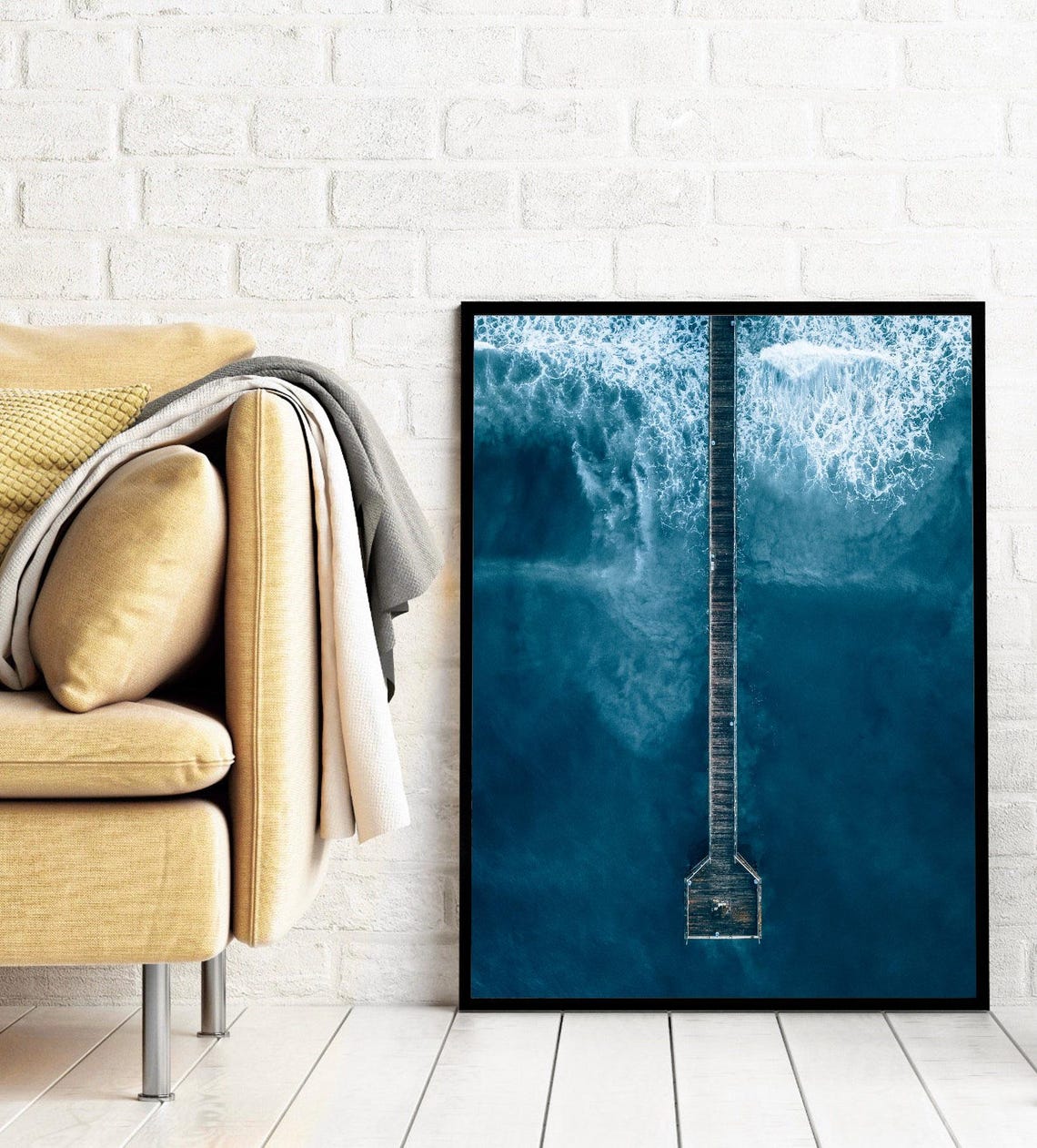 Aerial View Of Wooden Pier Stretching Into Deep Blue Ocean Poster - Image 4