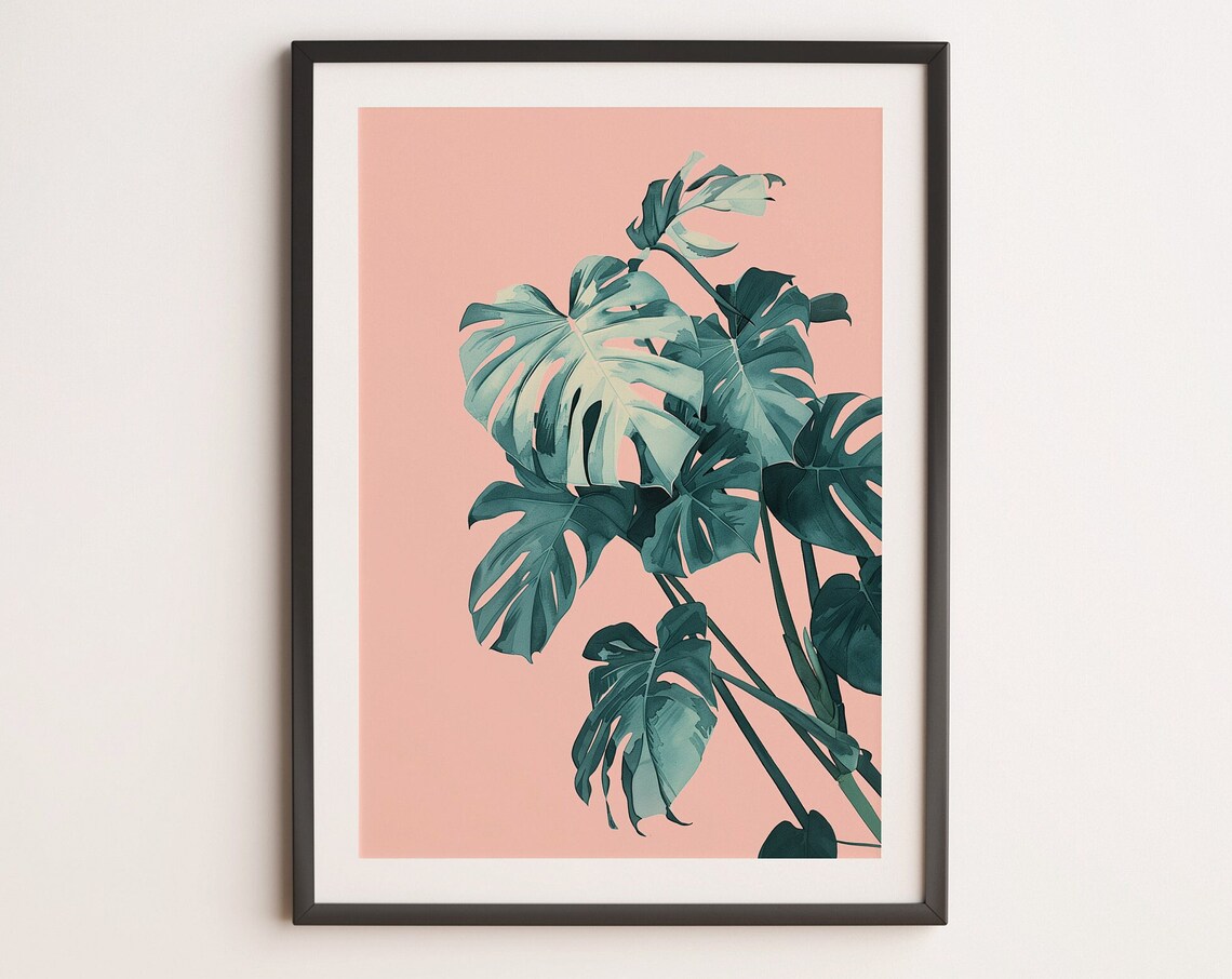 Tropical Monstera Leaf Art Print, Pink Aesthetic