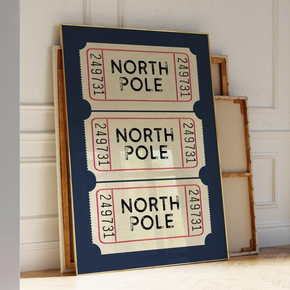 North Pole Retro Ticket Stubs on Navy Blue Christmas Wall Art