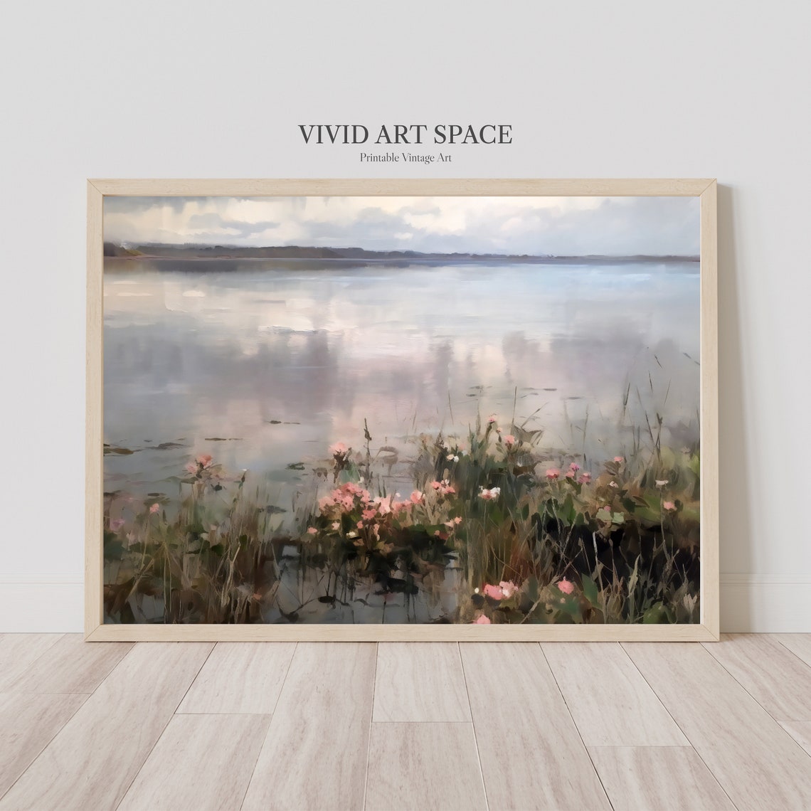 Mist Covered Lake With Pink Wildflowers Vintage Landscape Print - Image 2