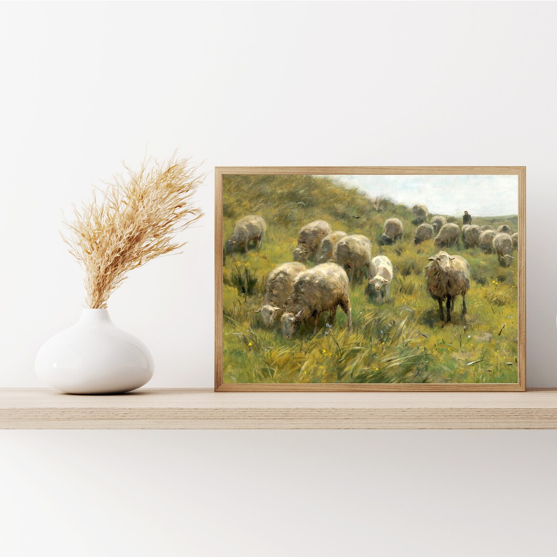 Vintage Sheep Painting Rustic Meadow Landscape Art Print - Image 2