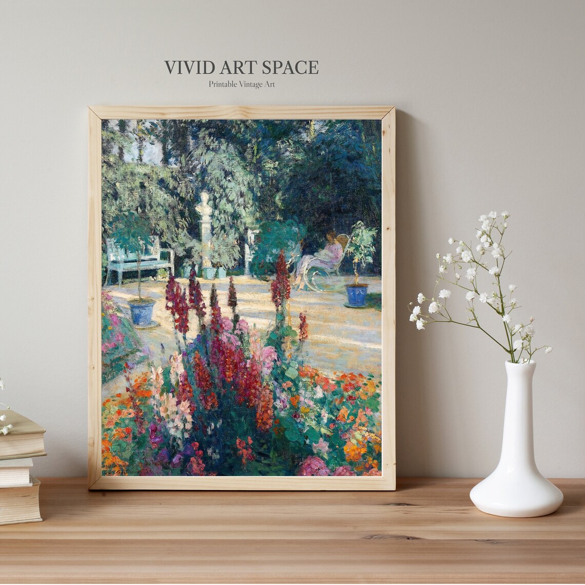 Woman in Sunlit Flower Garden Blooming Impressionist Vintage Print - Image 2