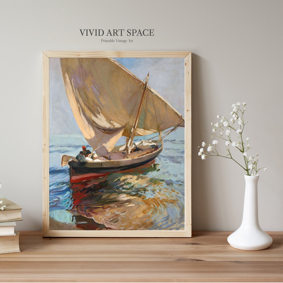 Sailboat Setting Out To Sea Vintage Coastal Seascape Oil Art Print - Image 2