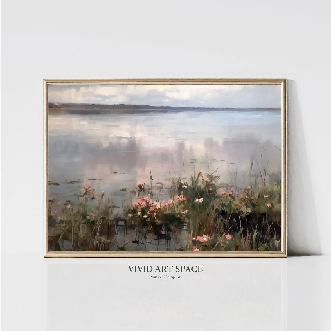Mist Covered Lake With Pink Wildflowers Vintage Landscape Print