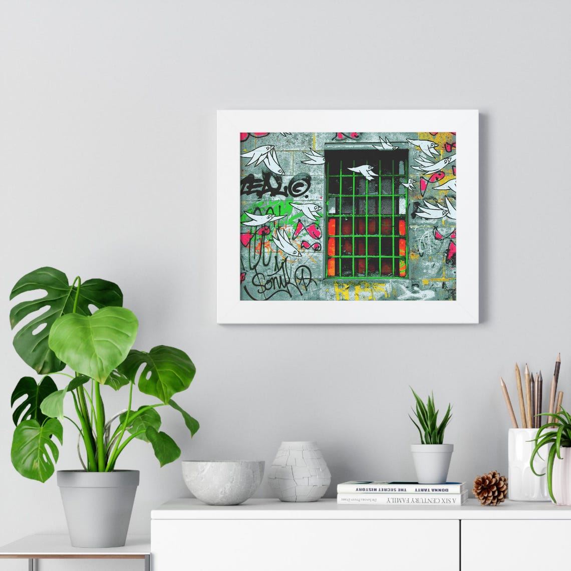 Colorful Graffiti Birds Flying Around Barred Window Framed Poster - Image 4