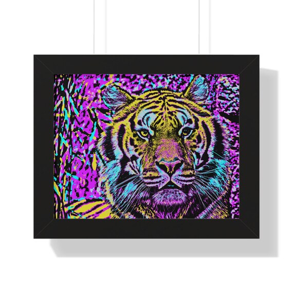 Bold Intense Tiger Portrait in Neon Pop Art Colors Framed Poster
