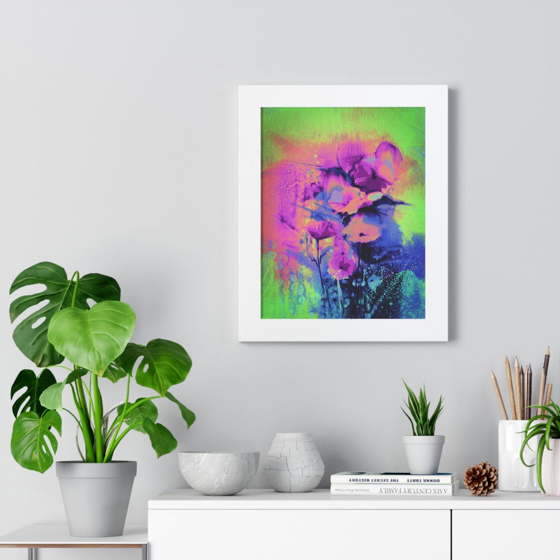 Abstract Neon Flower Bouquet in Electric Pink and Green Poster - Image 4