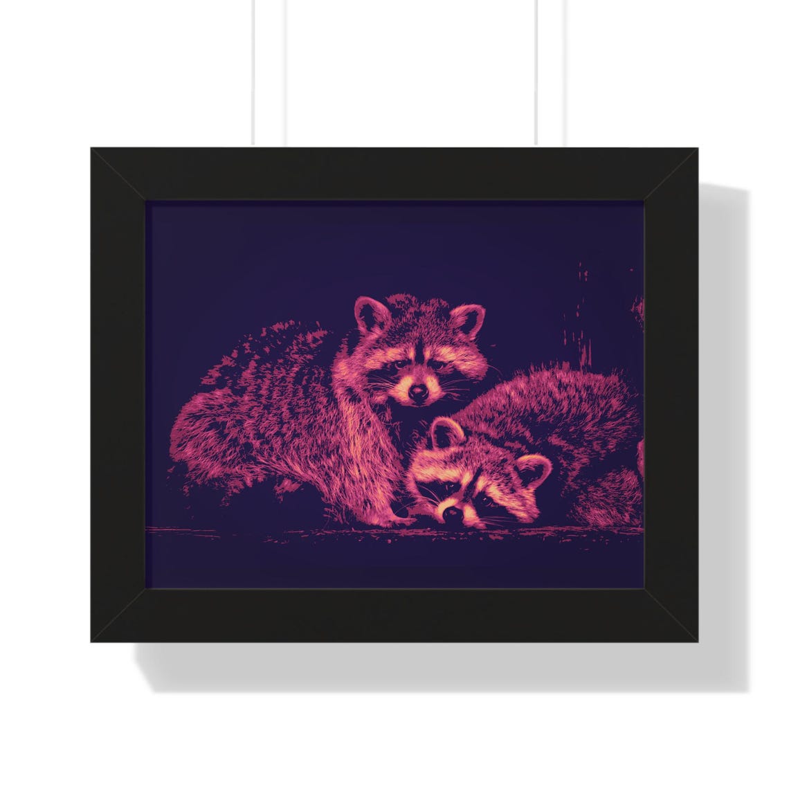 Two Glowing Raccoons in Neon Pink Pop Art Style Framed Poster